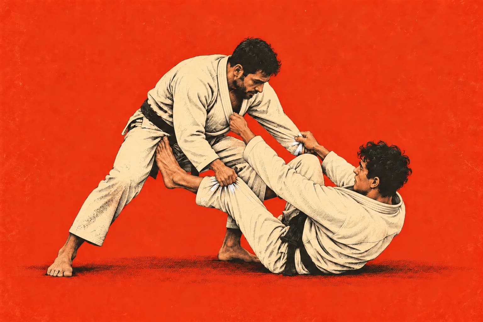 An ink-and-paper illustration of two BJJ athletes in white gis practising an open-guard pass on a vermilion background.